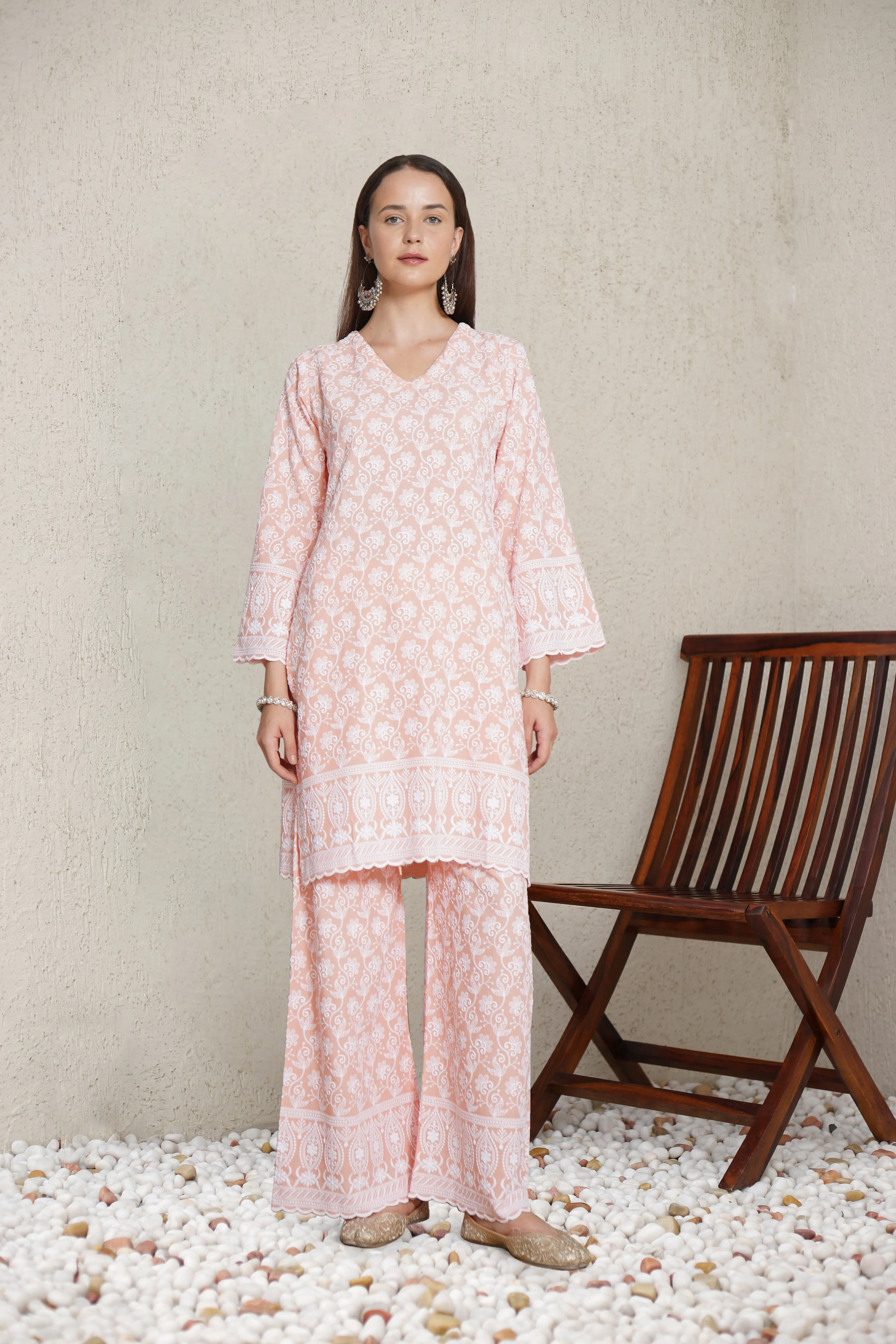 Saba Chikankari Kurta Set in Rayon - Orange