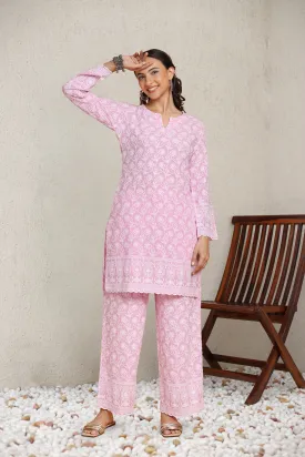 Saba Chikankari Kurta Set in Rayon - Pink