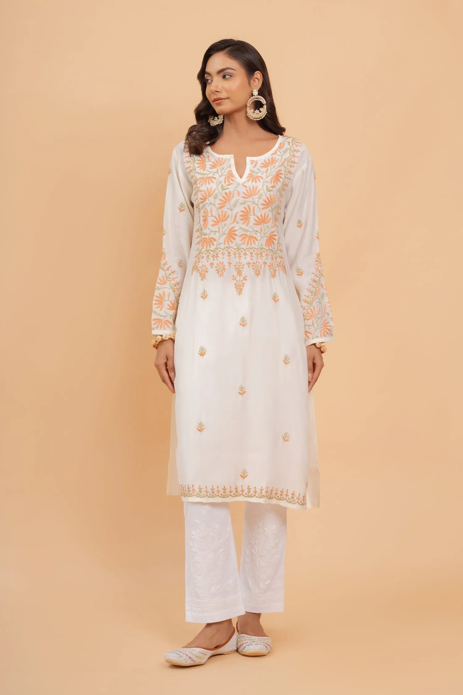 Saba Chikankari Long Kurta In Modal Silk - Off White With Coloured Embroidery