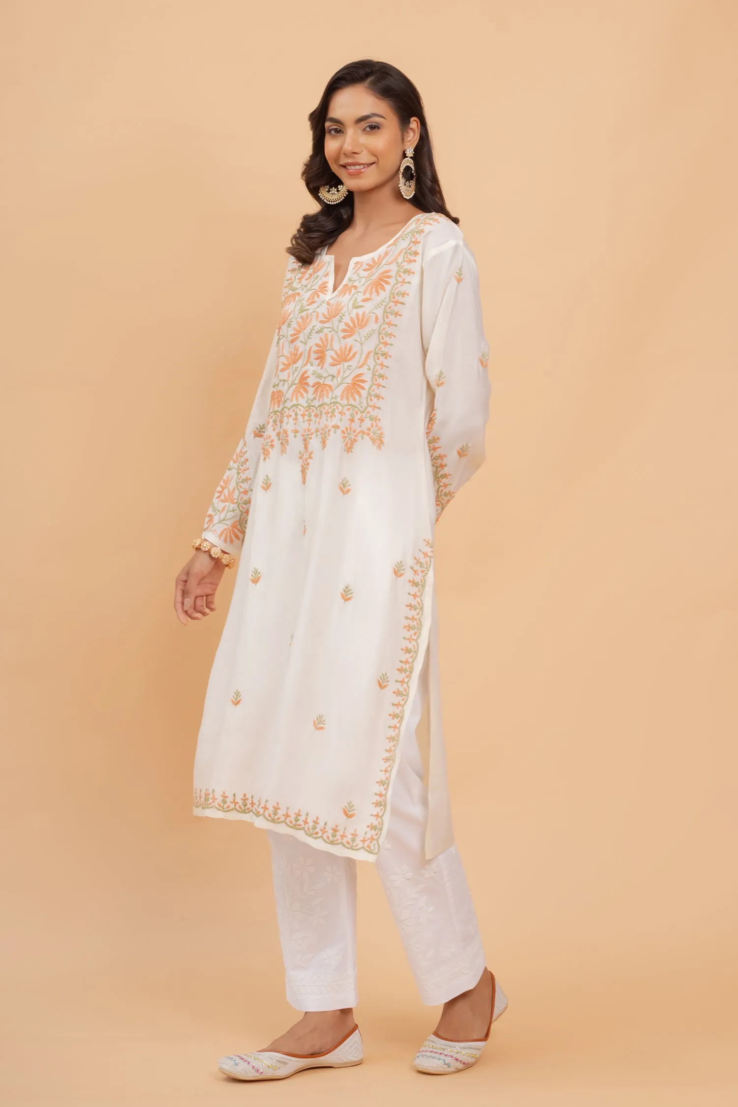 Saba Chikankari Long Kurta In Modal Silk - Off White With Coloured Embroidery