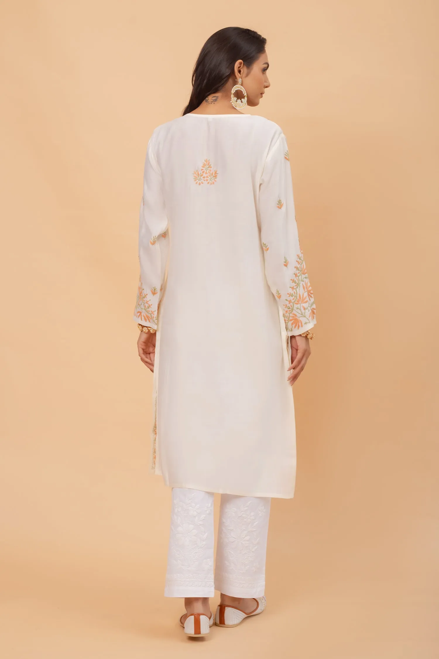 Saba Chikankari Long Kurta In Modal Silk - Off White With Coloured Embroidery