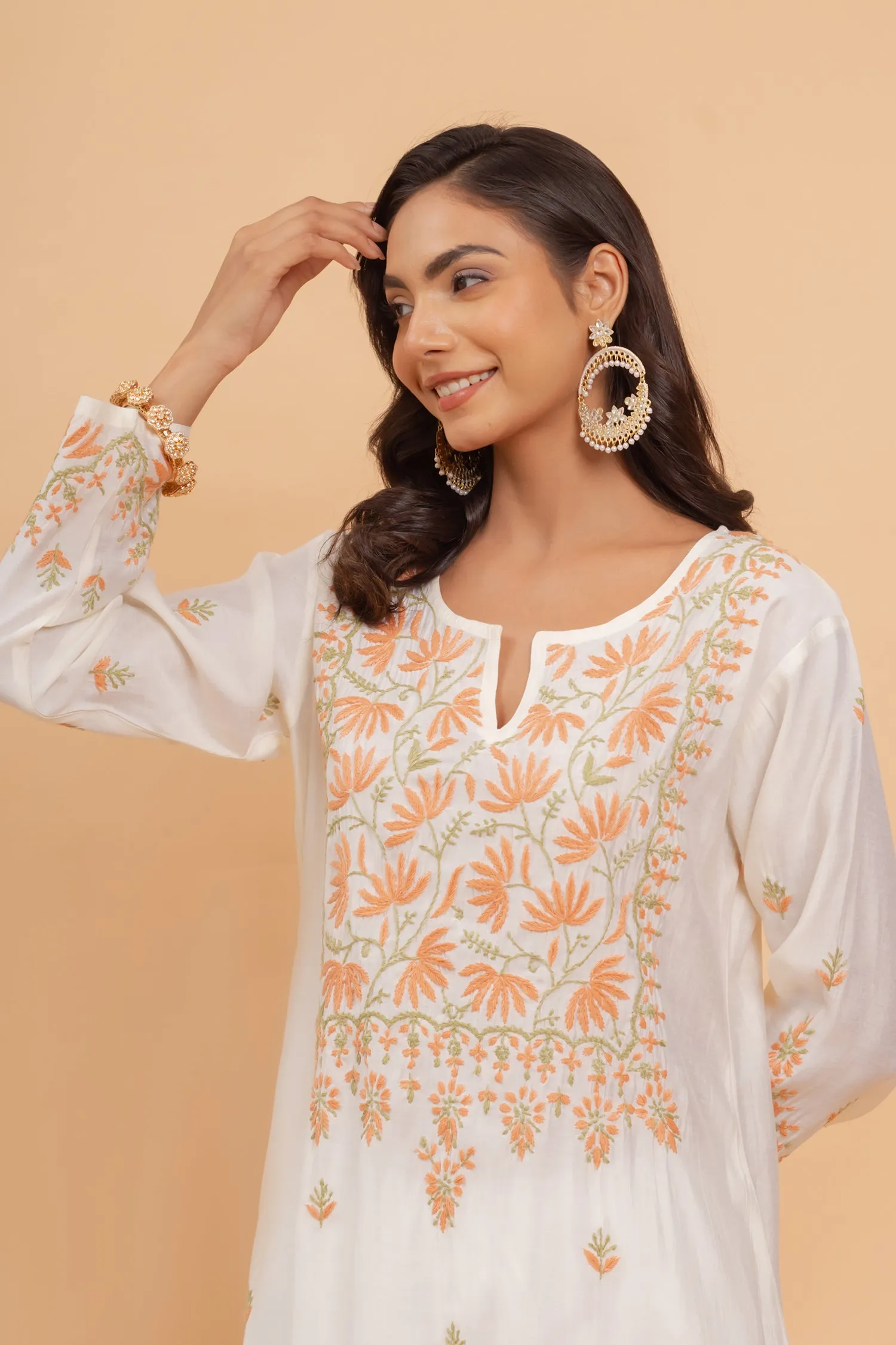 Saba Chikankari Long Kurta In Modal Silk - Off White With Coloured Embroidery