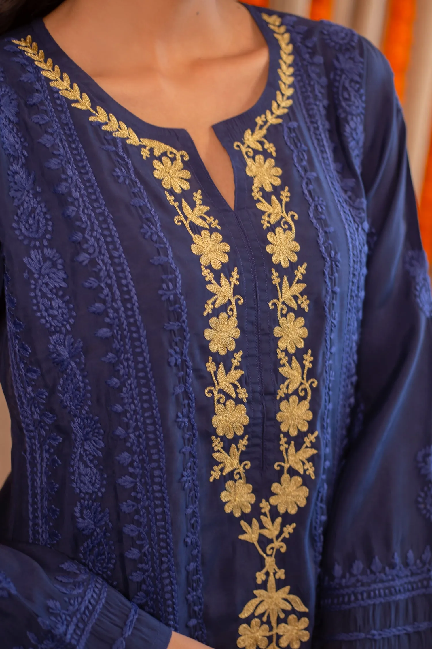 Saba Muslin Kurta In Blue With White Zari Embroidery