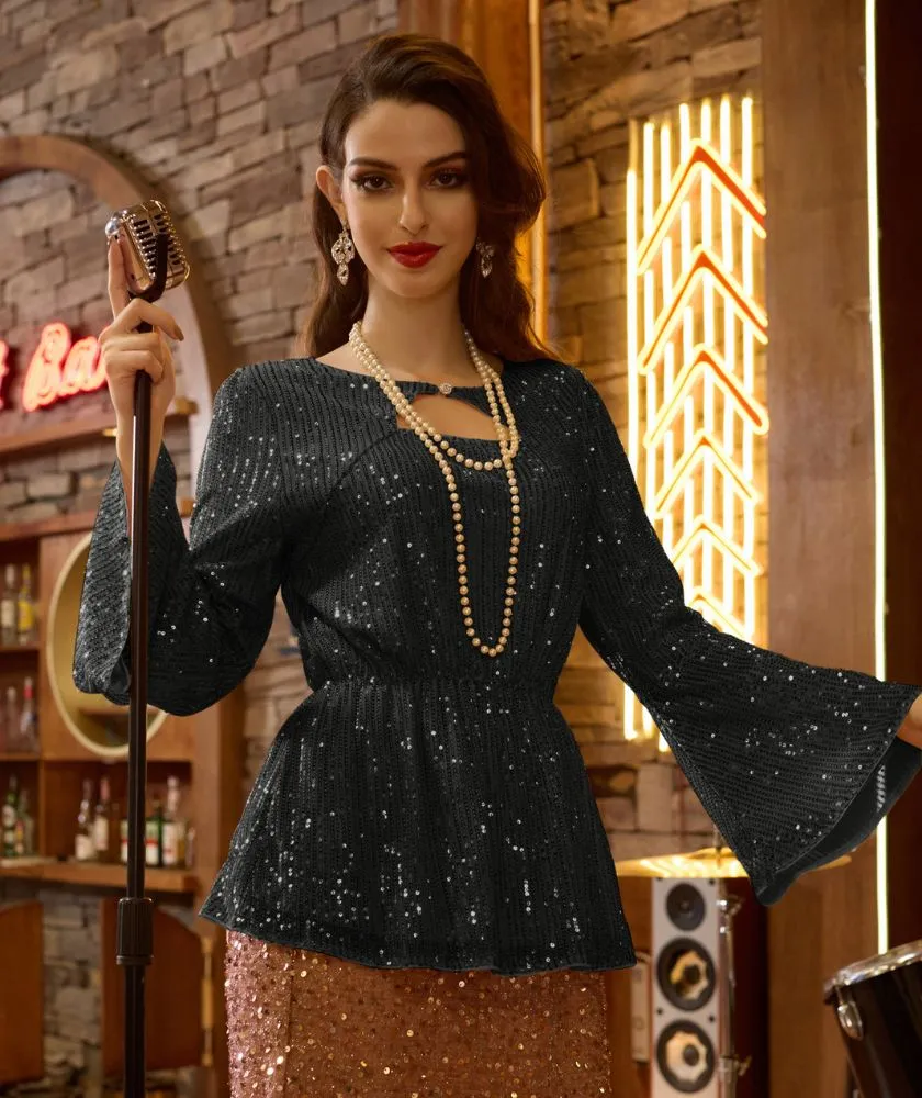 Sequin Tops for Women Long Bell Sleeve Cut-Out Sparkly Glitter Tops Blouse Party Night