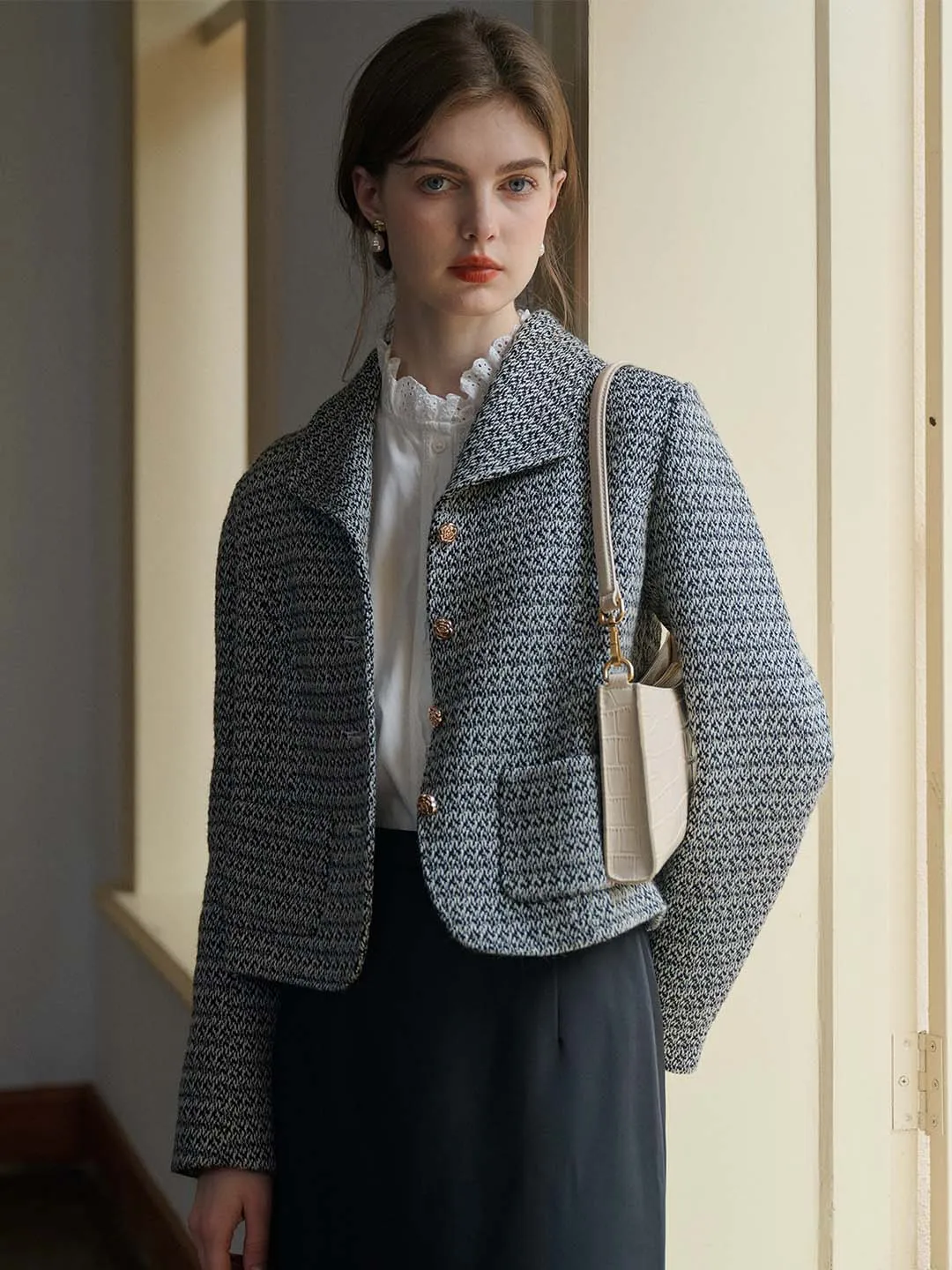 Sophia Simple Lapel Tweed Grey Jacket