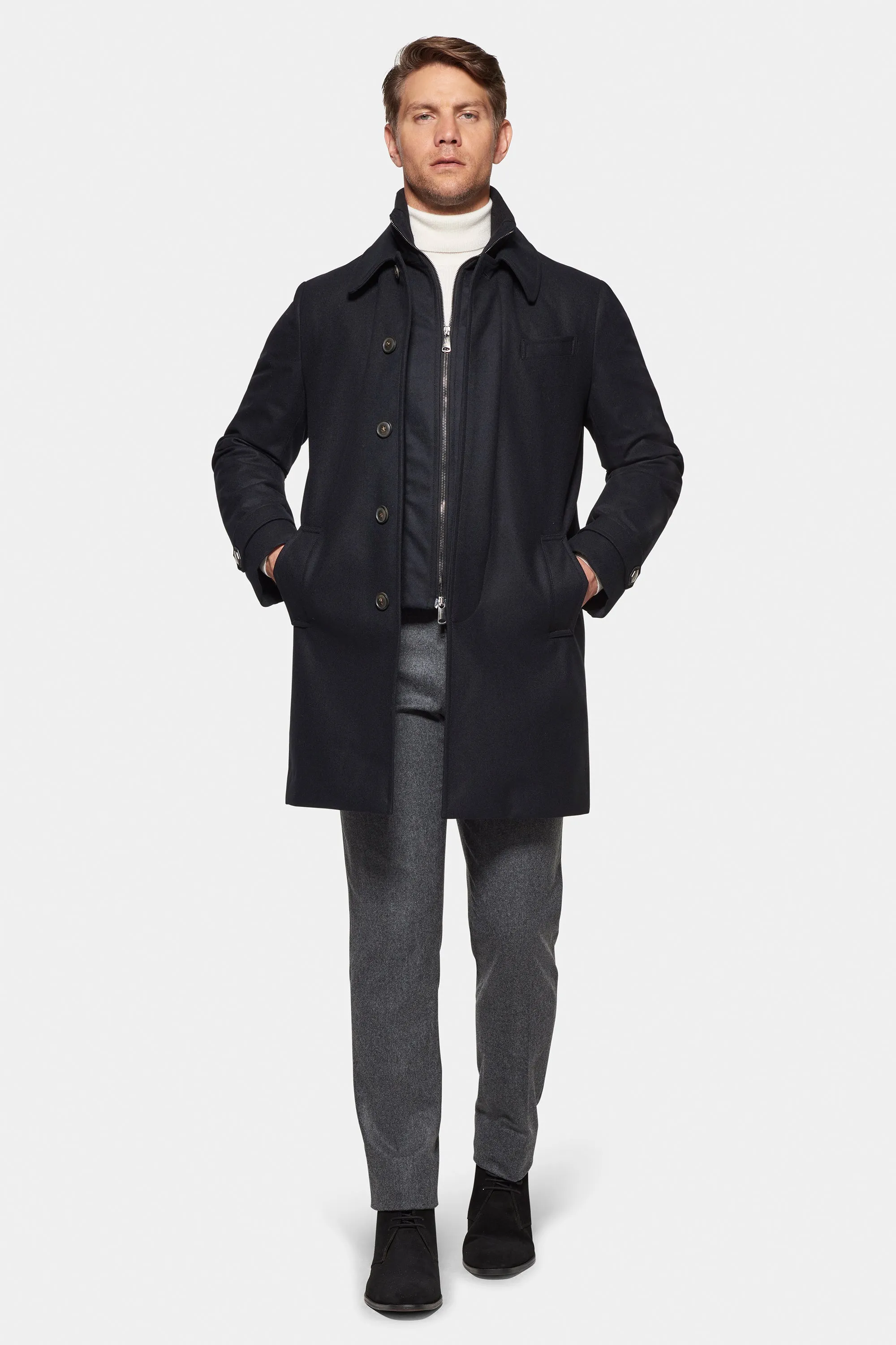 Stretch Wool Euro Coat, Black