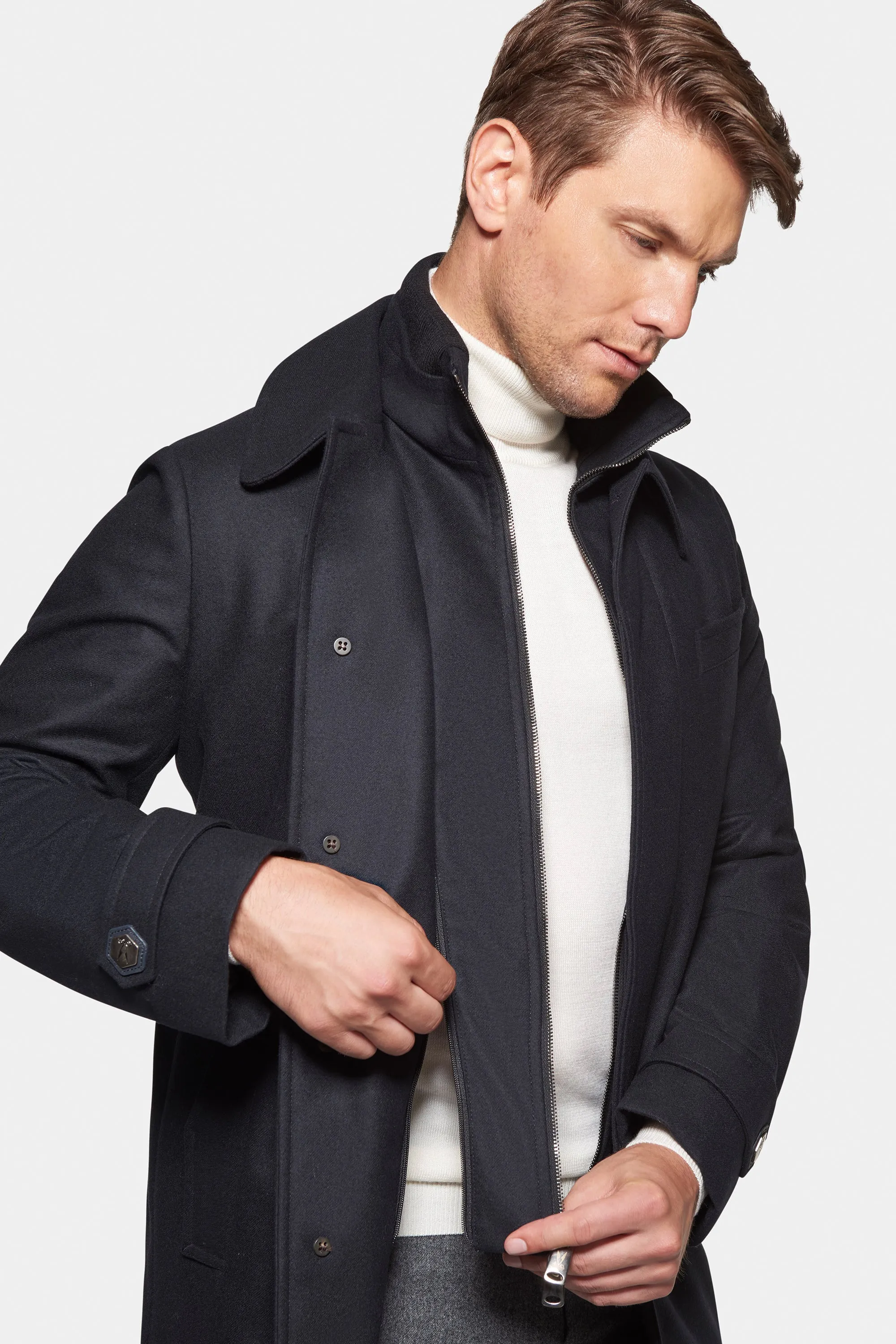 Stretch Wool Euro Coat, Black