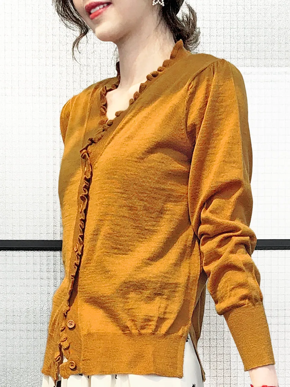 Surprise Sale! Dark Mustard Double V-Neck Frill Detail Cashmere Blend Cardigan Top