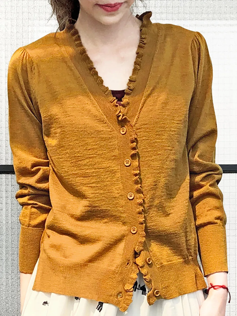 Surprise Sale! Dark Mustard Double V-Neck Frill Detail Cashmere Blend Cardigan Top