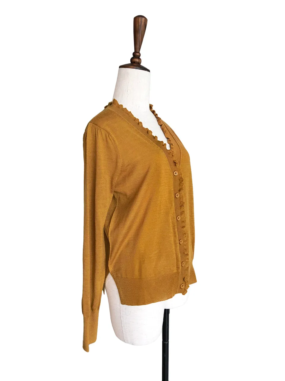 Surprise Sale! Dark Mustard Double V-Neck Frill Detail Cashmere Blend Cardigan Top