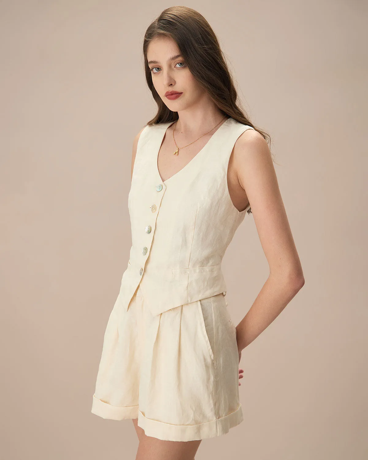 The Apricot V Neck Button-Up Linen Vest