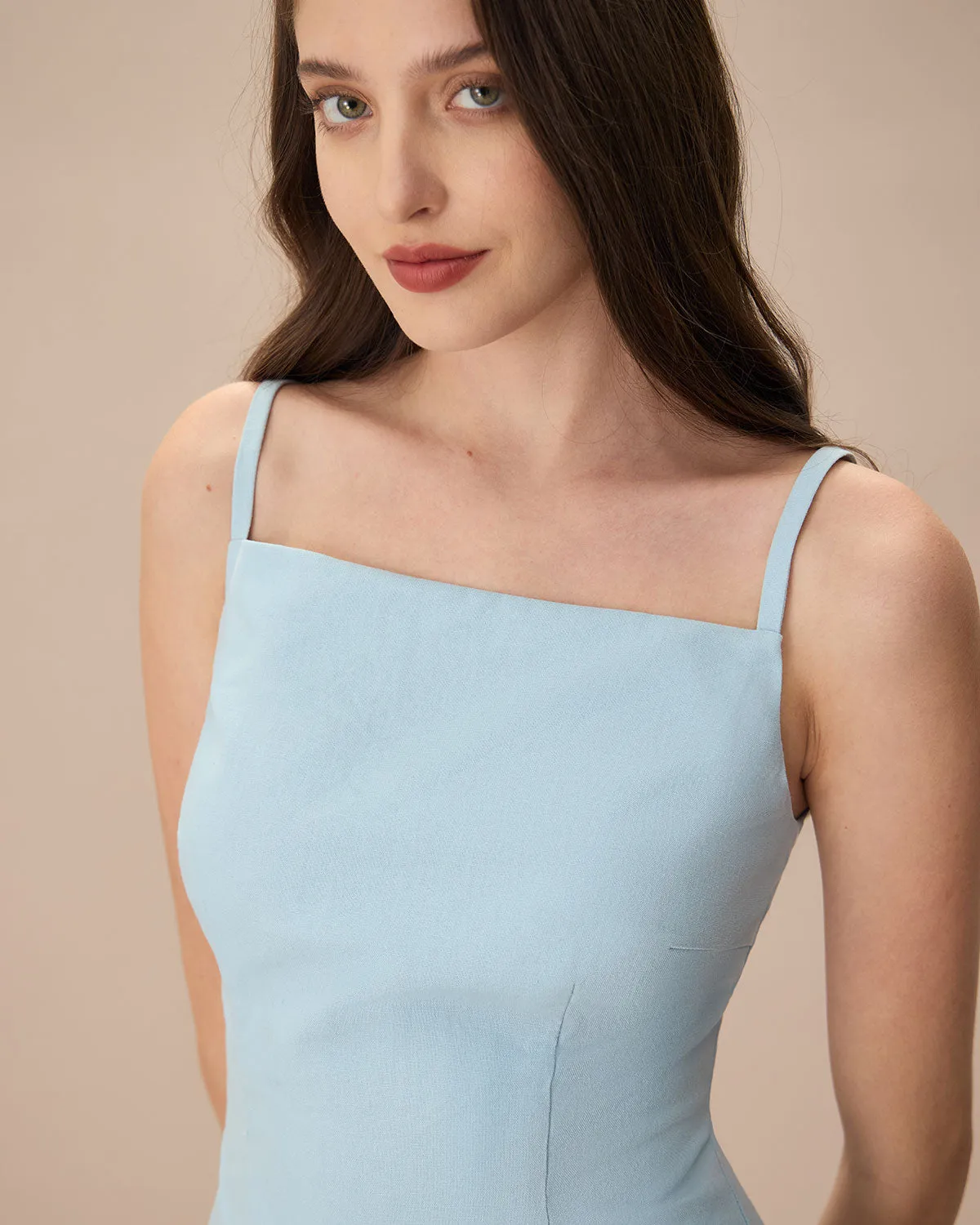 The Blue Square Neck Linen Slip Mini Dress