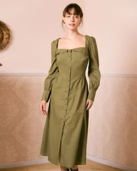 The Green Sweetheart Neck Button Midi Dress