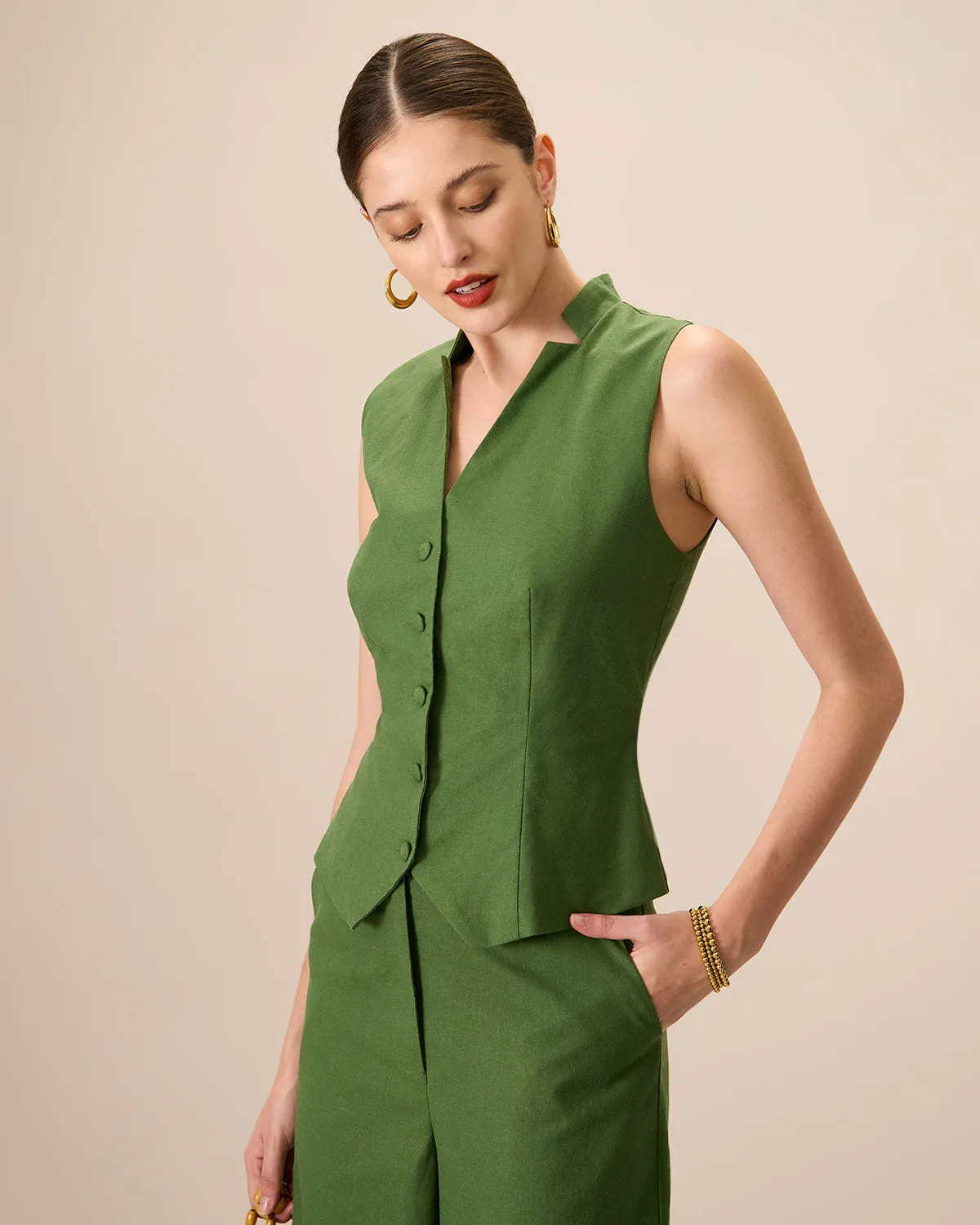 Women's Green Single Breasted Cotton Linen Vest