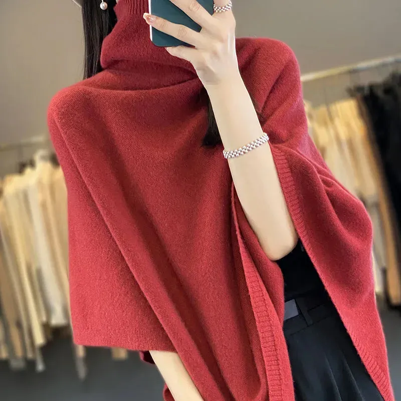 Women's High Neck Merino Wool Poncho