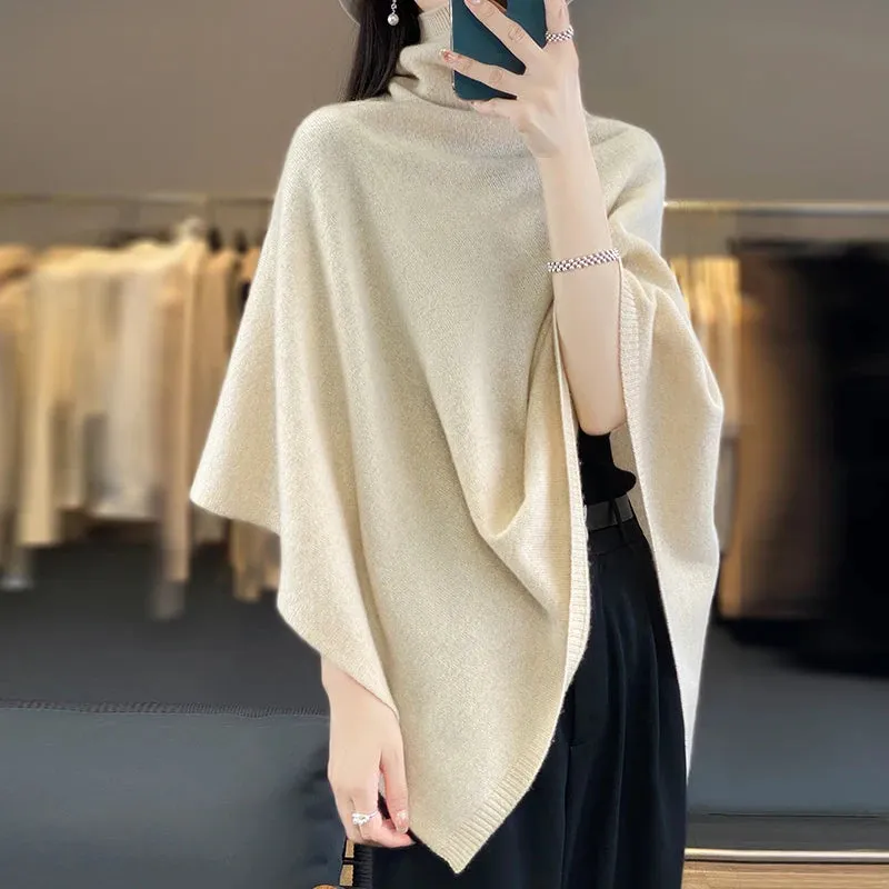 Women's High Neck Merino Wool Poncho