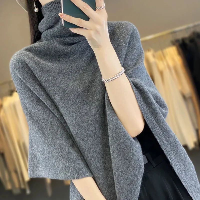 Women's High Neck Merino Wool Poncho