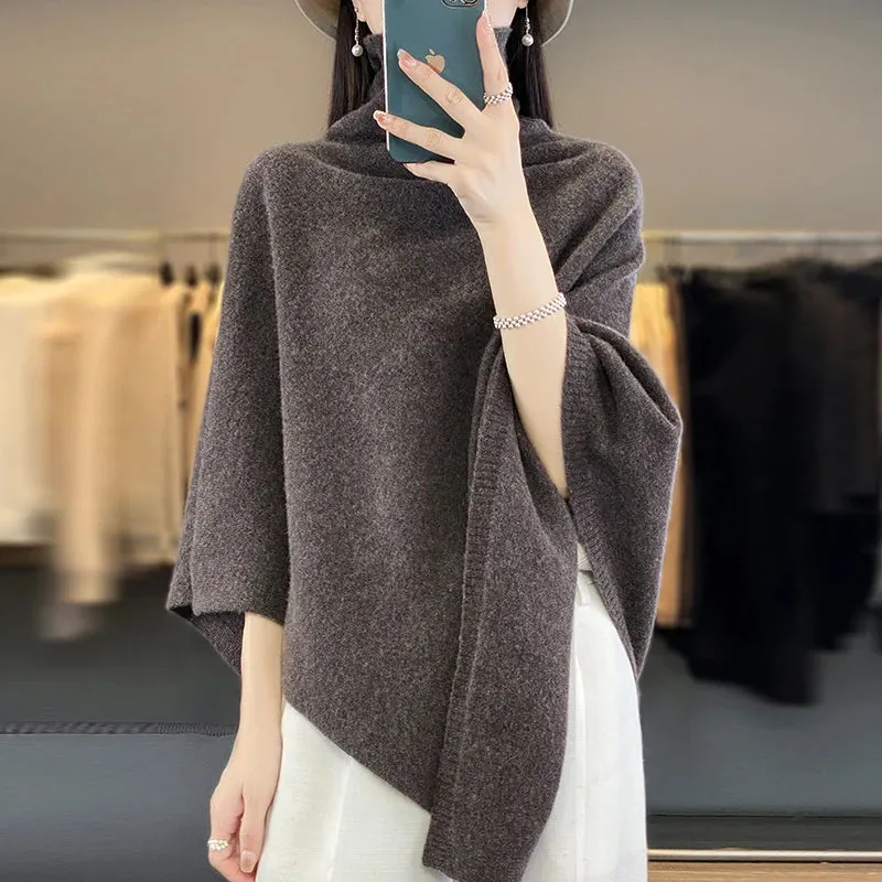 Women's High Neck Merino Wool Poncho