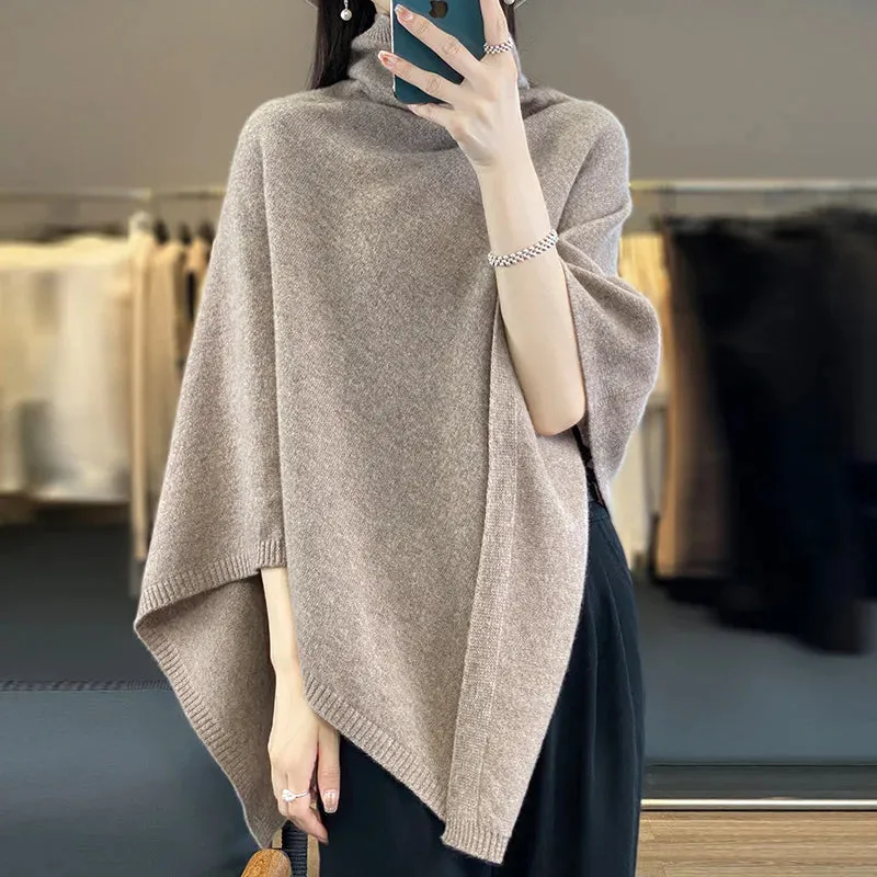 Women's High Neck Merino Wool Poncho