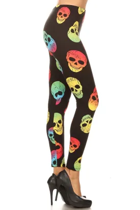 Women's Plus Colorful Skull Pattern Printed Leggings - Red Yellow