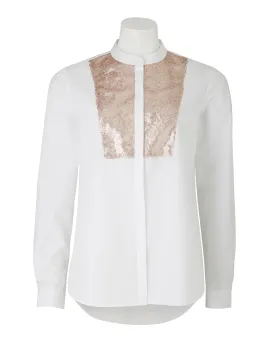 Women's White Cotton Bibbed Sequinned Shirt