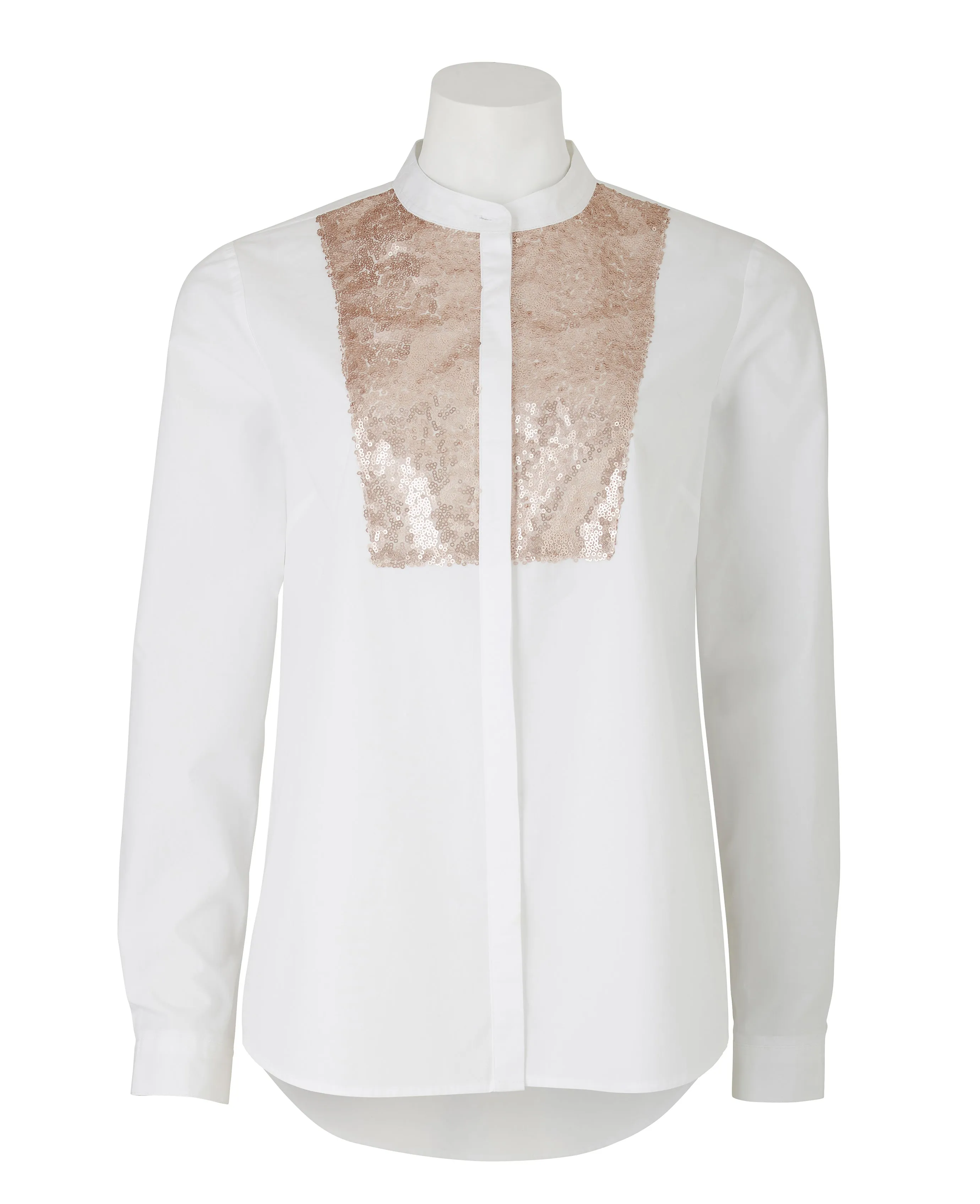 Women's White Cotton Bibbed Sequinned Shirt